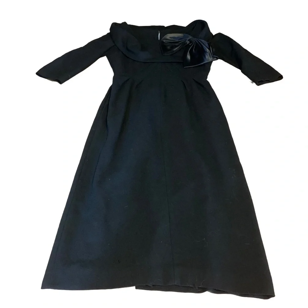 VINTAGE 1960'S CAROL CRAIG BLACK WOOL COCKTAIL WIGGLE DRESS (S) - Picture 9 of 14